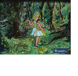 Painting of a fairy child walking into a lush forest with National Arts & Humanities Month logo in the bottom right corner.